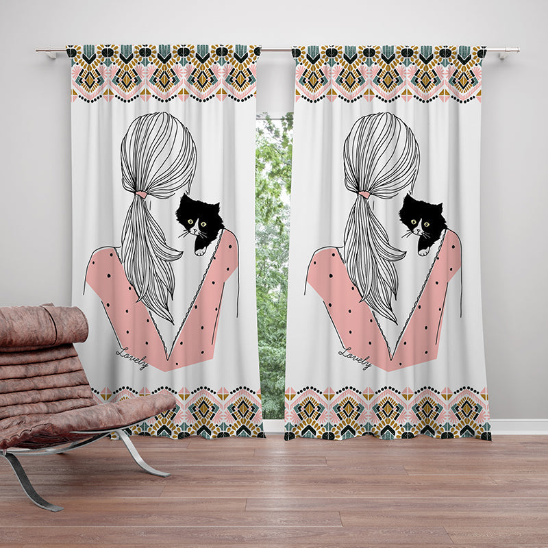 Curtain girl and cat-AMN2142
